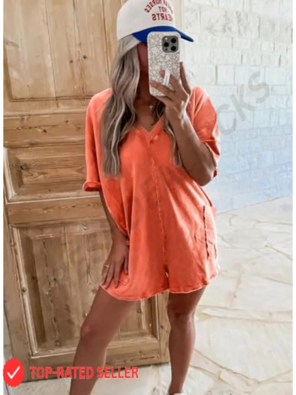 Mineral Washed Cotton V-Neck Romper Jumpsuit with Pockets